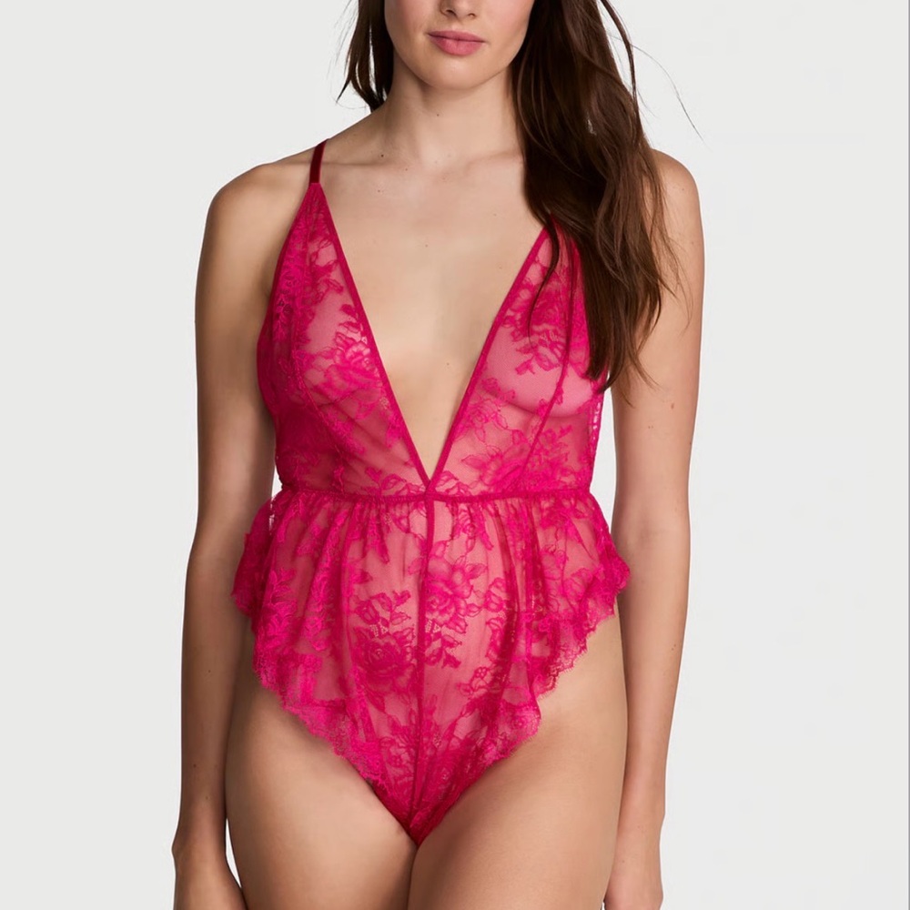 Victoria Secret Rose Lace Plunge Flutter Romper